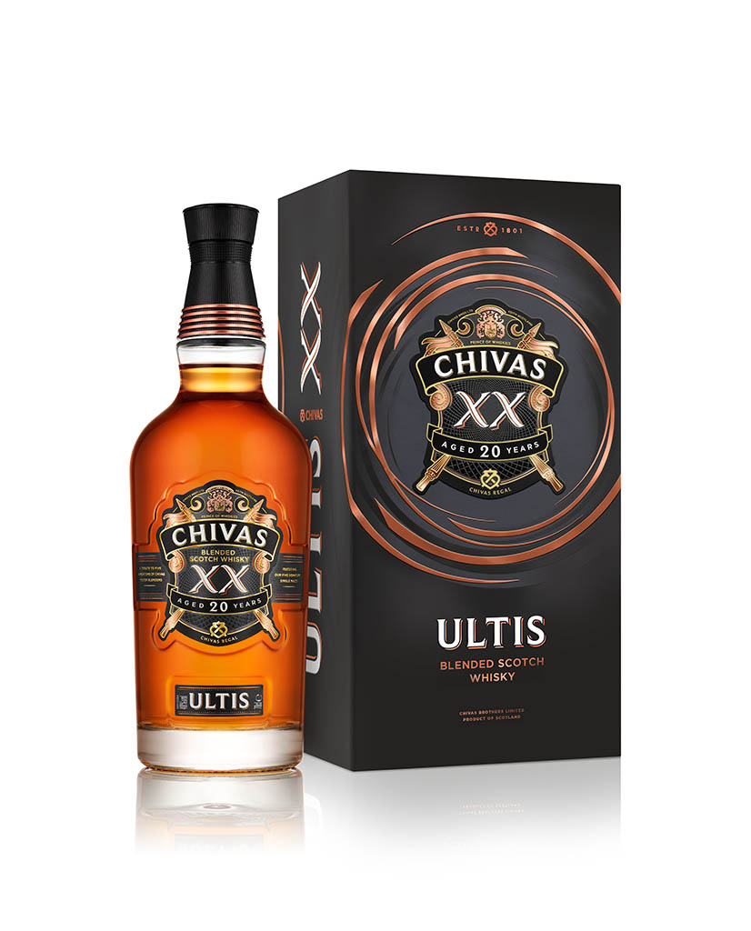 Drinks Photography of Chivas Ultis bottle and box set by Packshot Factory