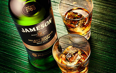 Drinks Photography of Jameson whisky bottle and serves