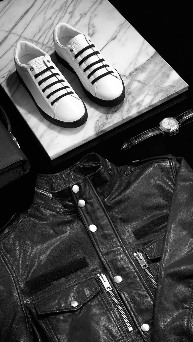 Packshot Factory - Accessories - Armani men's trainers and leather jacket