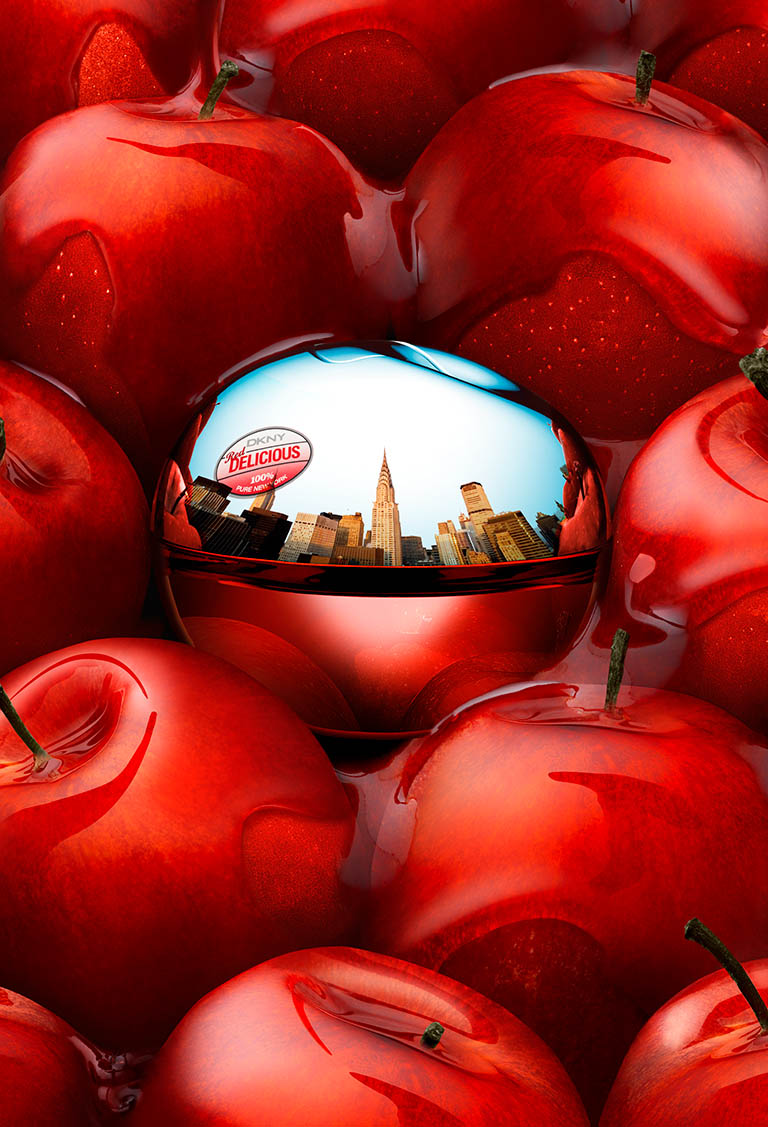 Packshot Factory - Coloured background - DKNY Red Delicious fragrance bottle