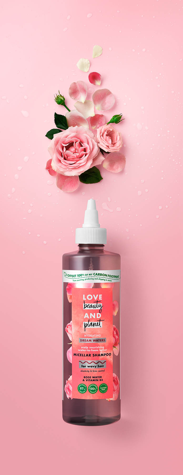 Packshot Factory - Coloured background - Love Beauty and Planet hair care shampoo with ingredients