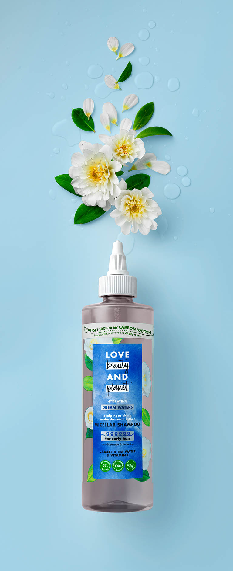 Packshot Factory - Coloured background - Love Beauty and Planet hair care shampoo with ingredients