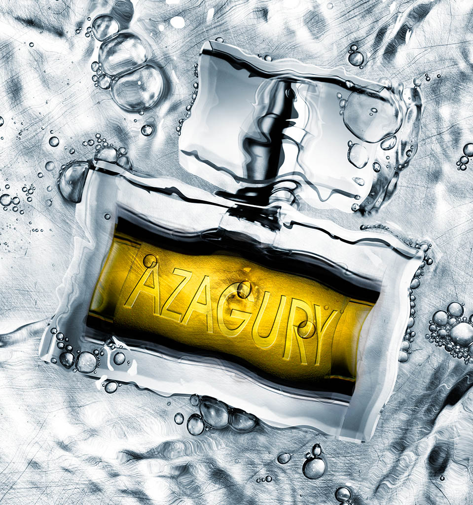 Cosmetics Photography of Azagury perfume bottle in water by Packshot Factory