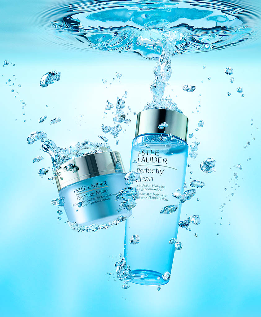 Cosmetics Photography of Estee Lauder skin care under water by Packshot Factory