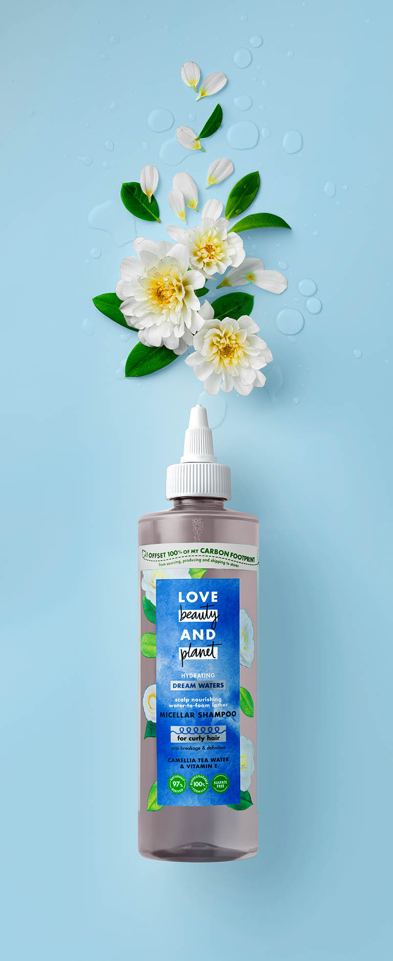 Cosmetics Photography of Love Beauty and Planet hair care shampoo with ingredients by Packshot Factory