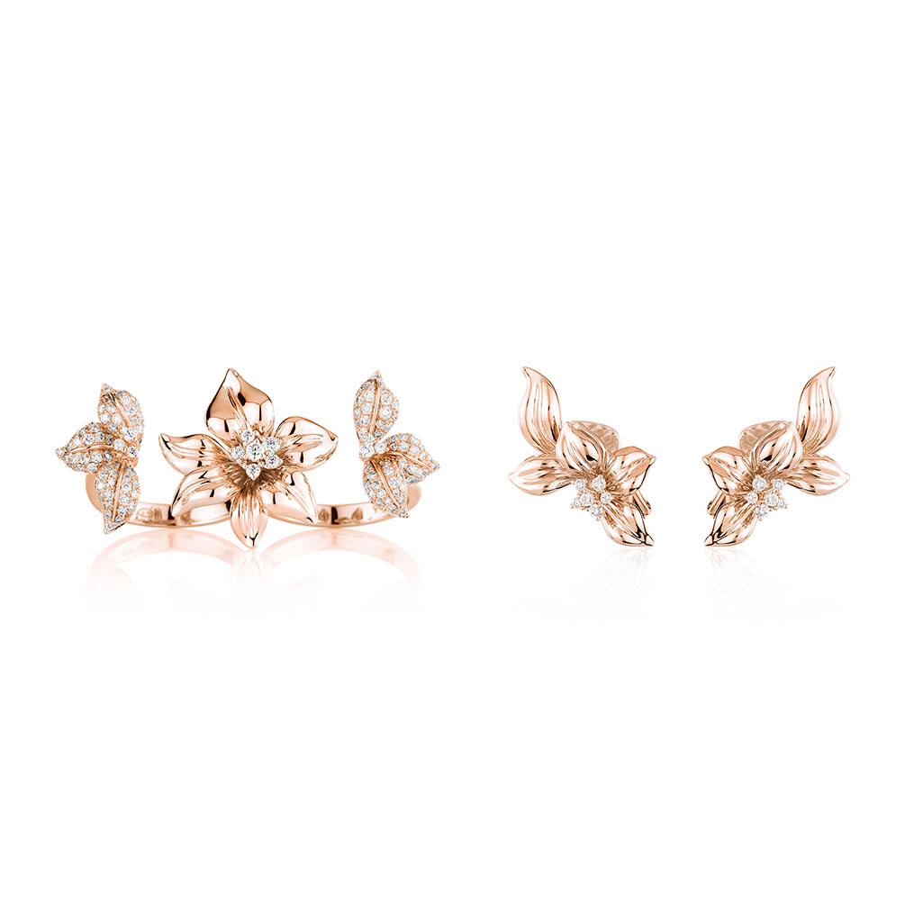 Packshot Factory - Diamond - Gold ring and stud diamond earrings set