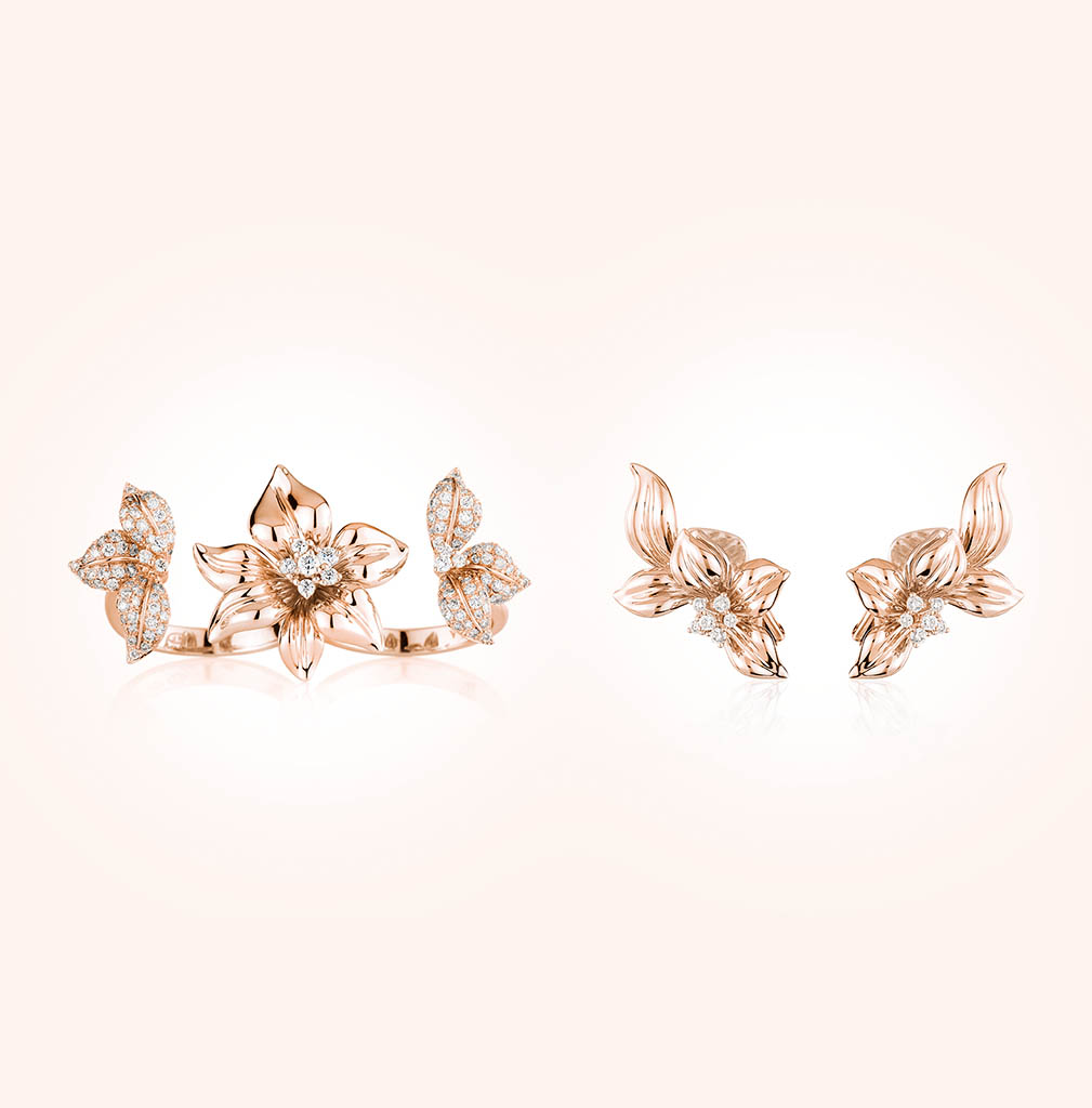 Packshot Factory - Diamond - Gold ring and stud diamond earrings set