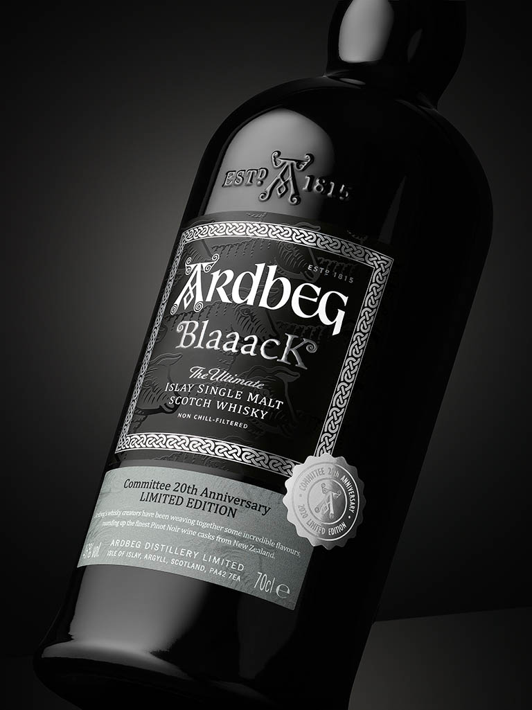 Drinks Photography of Ardbeg BlaaacK whisky bottle by Packshot Factory