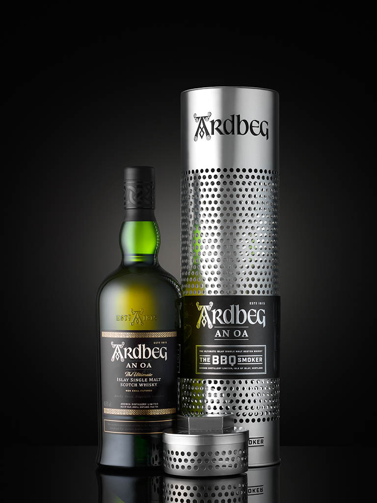 Drinks Photography of Ardbeg whisky bottle and box set by Packshot Factory