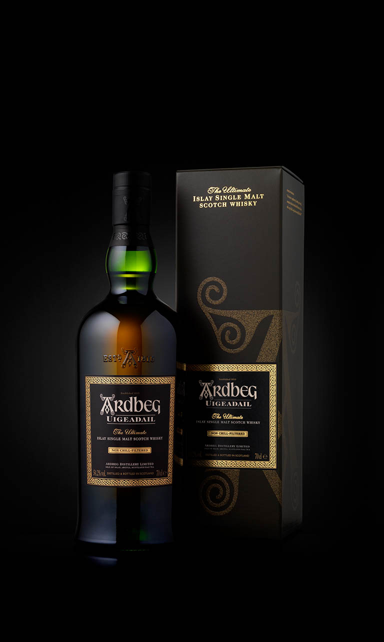 Drinks Photography of Ardbeg whisky bottle box set by Packshot Factory