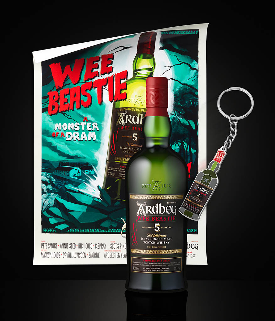 Drinks Photography of Ardbeg whisky bottle poster and key ring by Packshot Factory