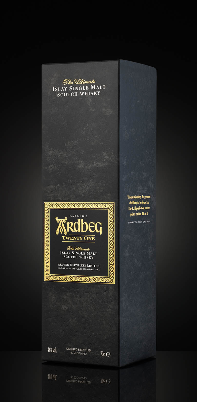 Drinks Photography of Ardbeg whisky box by Packshot Factory