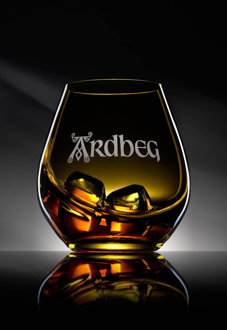 Drinks Photography of Ardbeg whisky glass by Packshot Factory