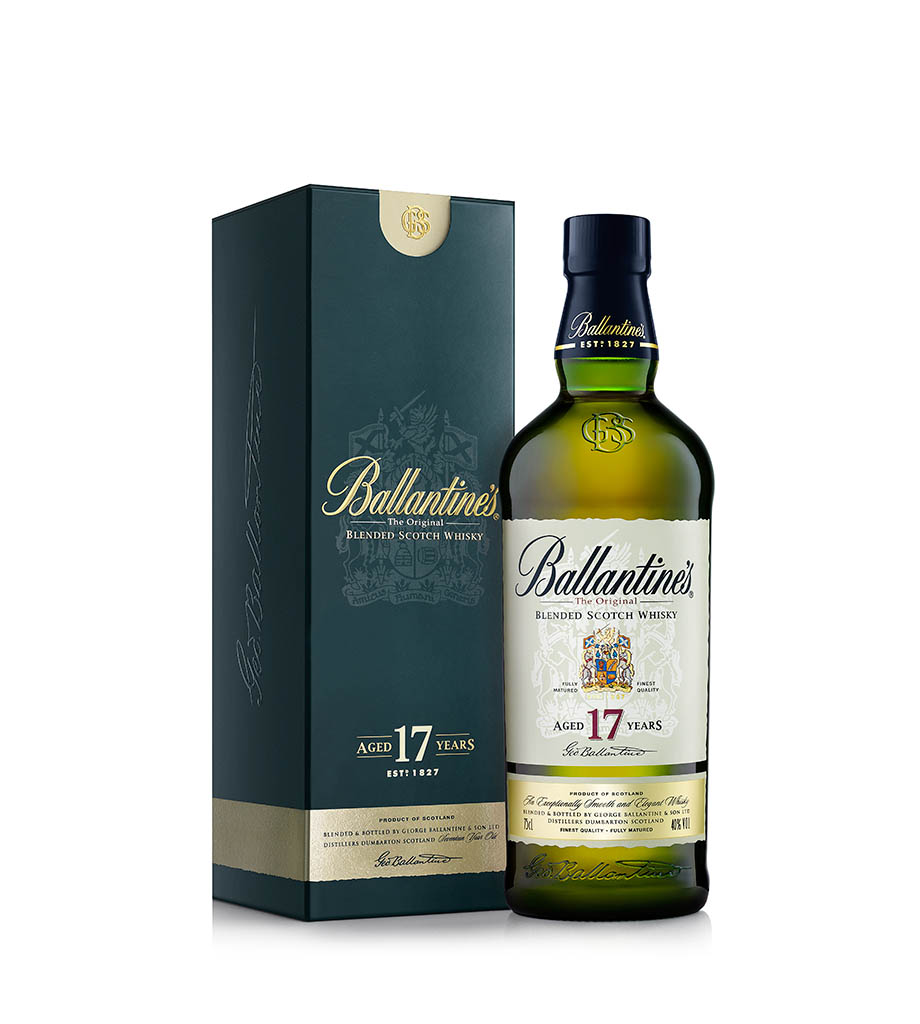 Drinks Photography of Ballantine's whisky bottle and box set by Packshot Factory