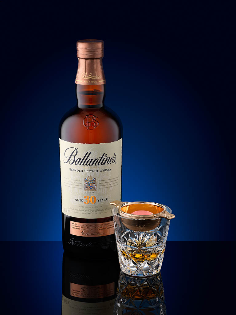 Drinks Photography of Ballantine's whisky bottle and serve by Packshot Factory
