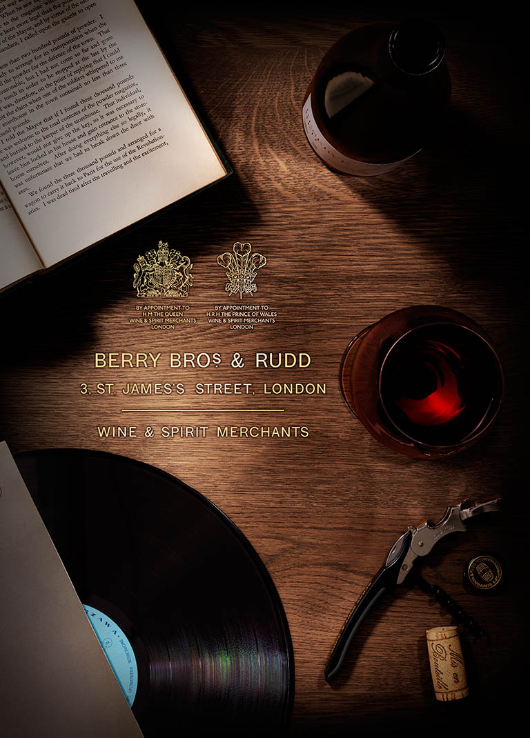 Drinks Photography of Berry Bros & Rudd red wine bottle and serve by Packshot Factory