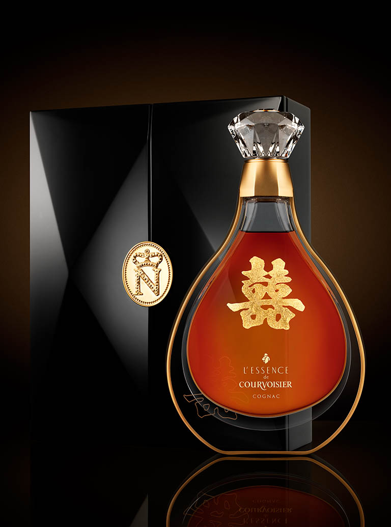 Drinks Photography of Courvoisier L'Essence Cognac bottle and box by Packshot Factory