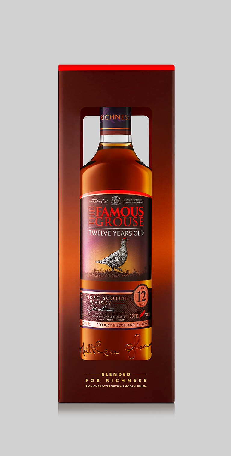 Drinks Photography of Famous Grouse whisky bottle in a box by Packshot Factory