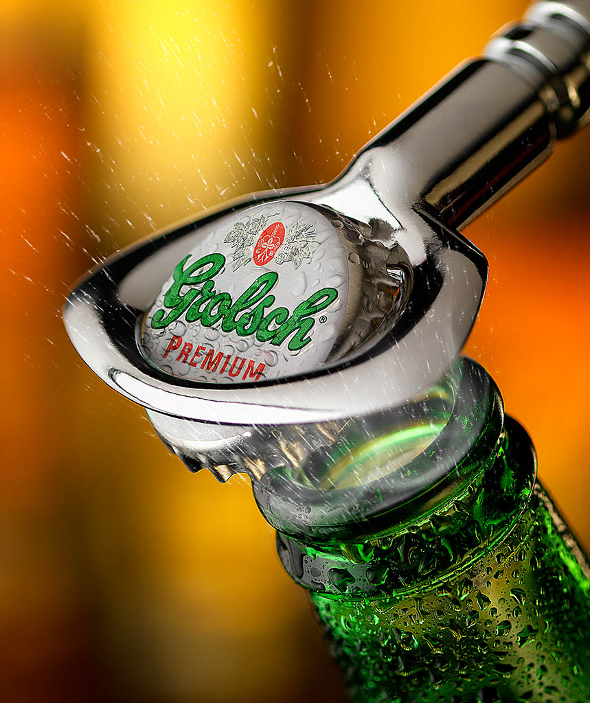 Drinks Photography of Grolsch beer bottle opening by Packshot Factory