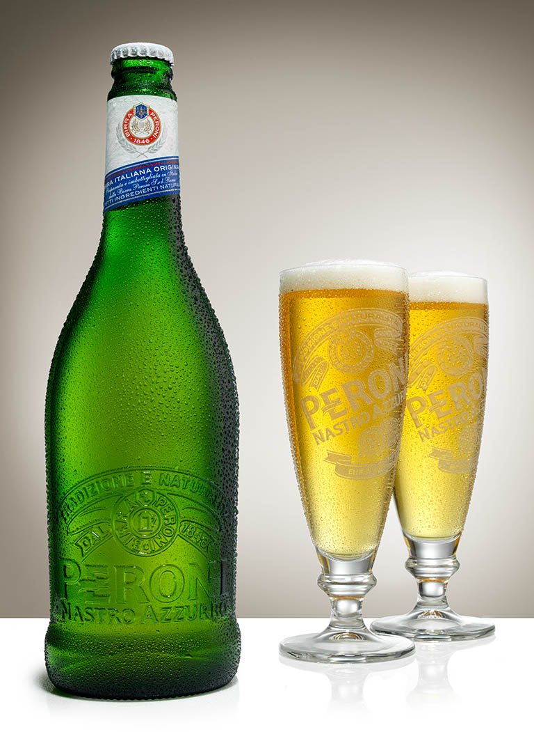 Drinks Photography of Peroni lager bottle and serve by Packshot Factory