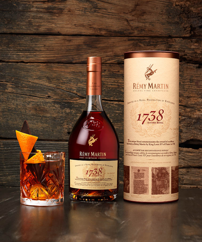 Drinks Photography of Remy Martin bottle box set and serve by Packshot Factory