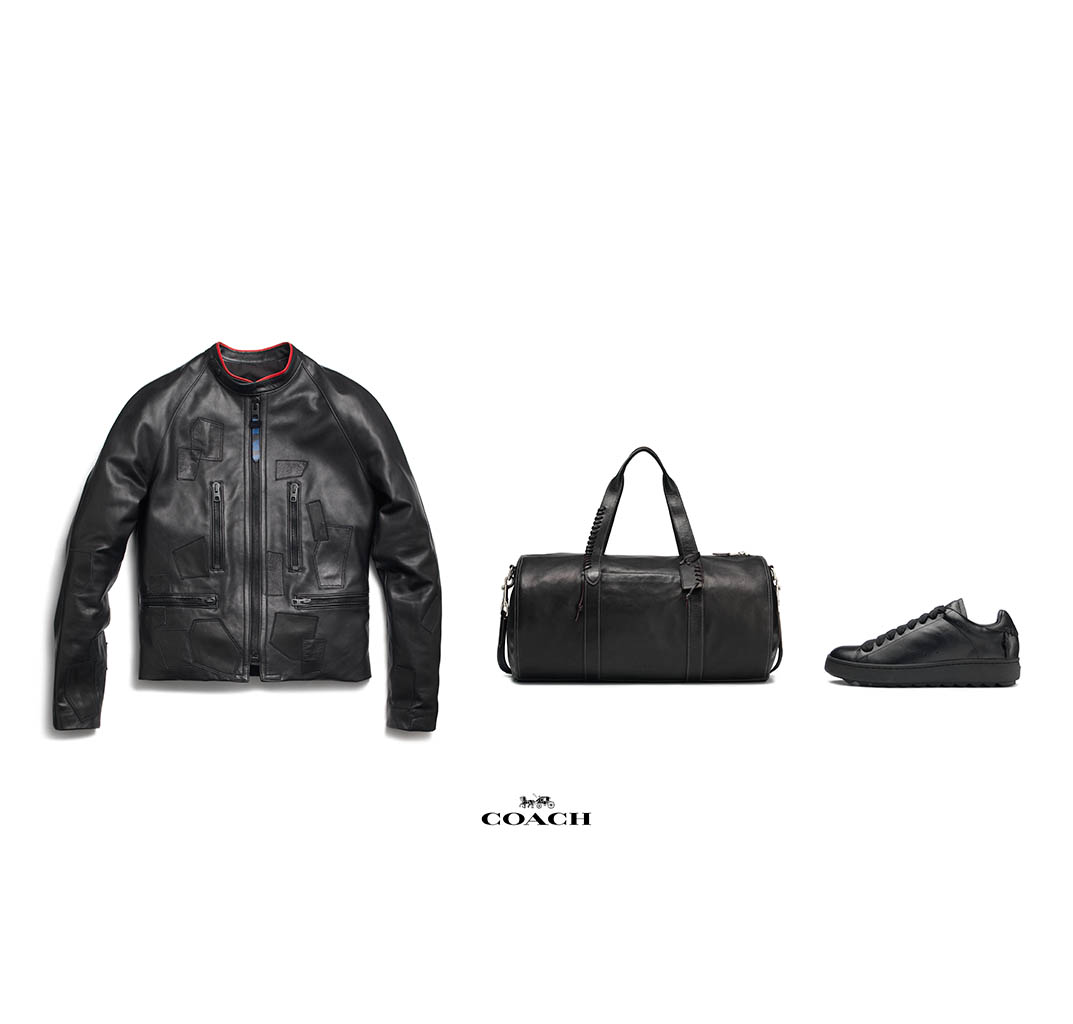 Fashion Photography of Coach men's leather jacket trainers and travel bag by Packshot Factory
