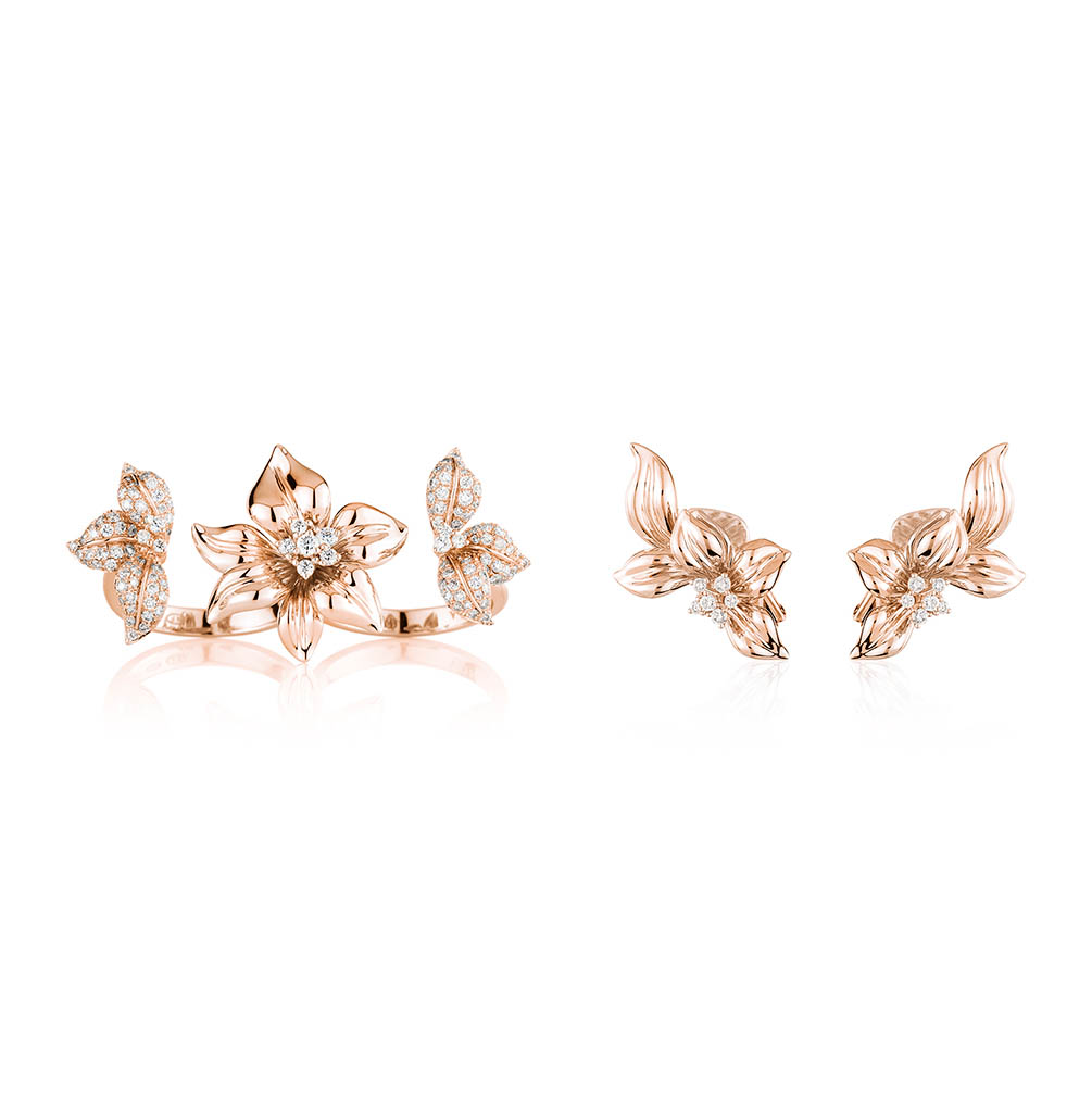 Packshot Factory - Fine jewellery - Gold ring and stud diamond earrings set