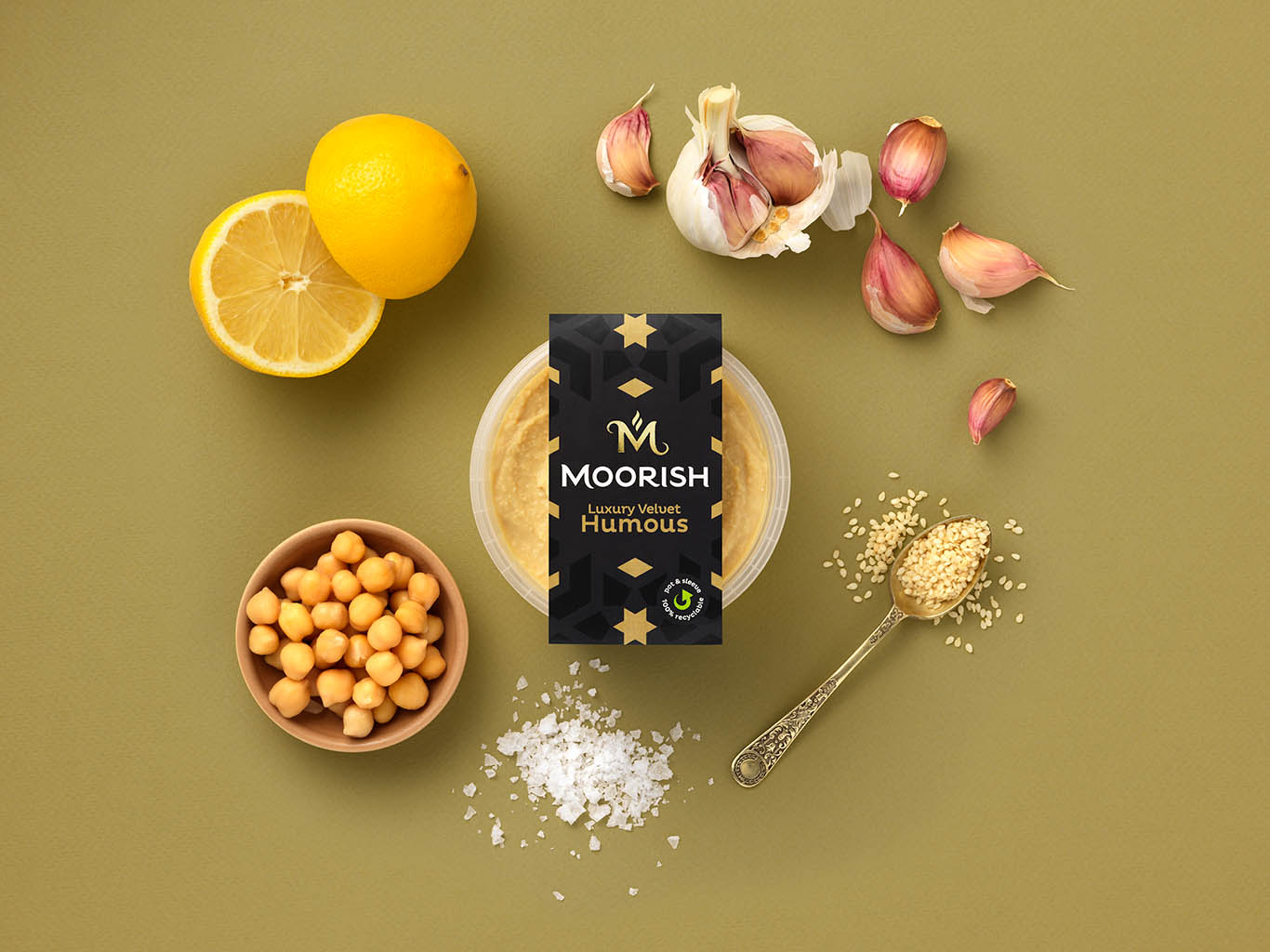 Food Photography of Moorish humous with ingredients by Packshot Factory