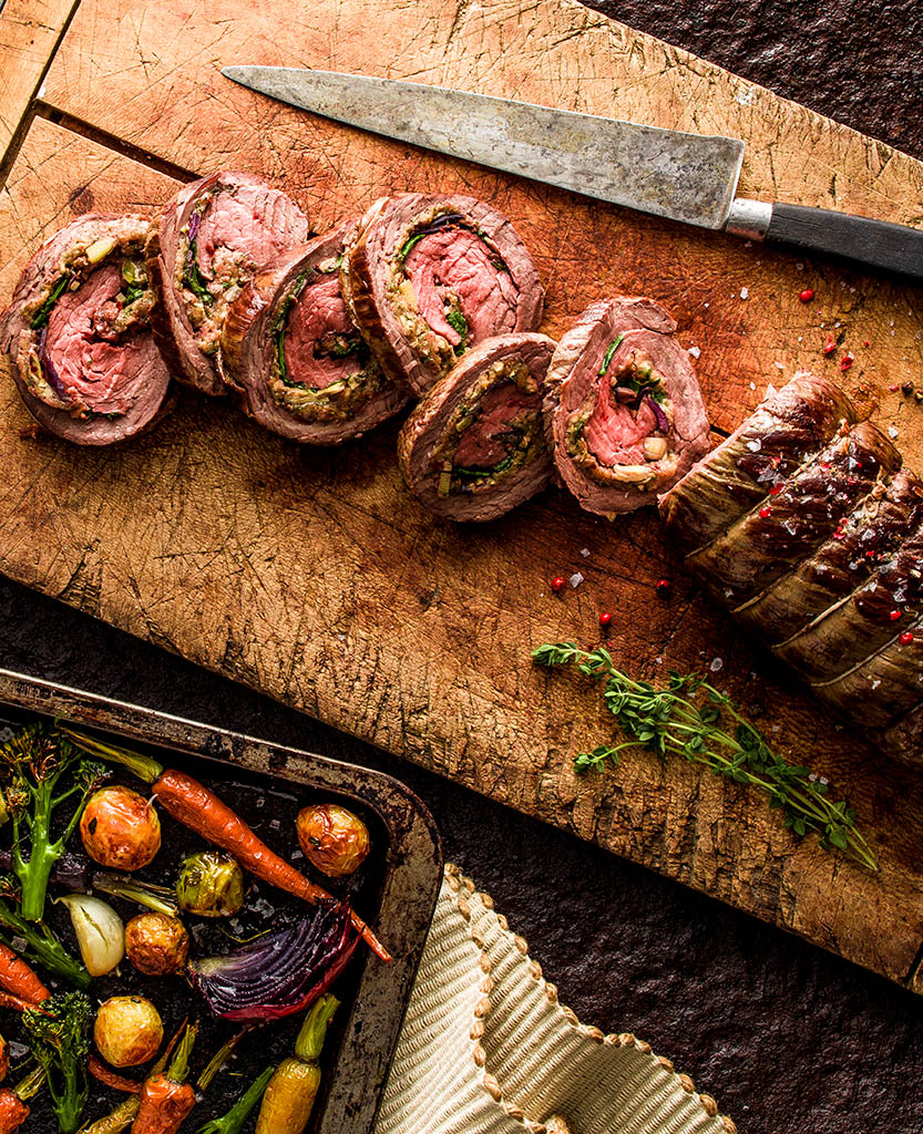 Food Photography of Pork roulade and roasted vegetables by Packshot Factory