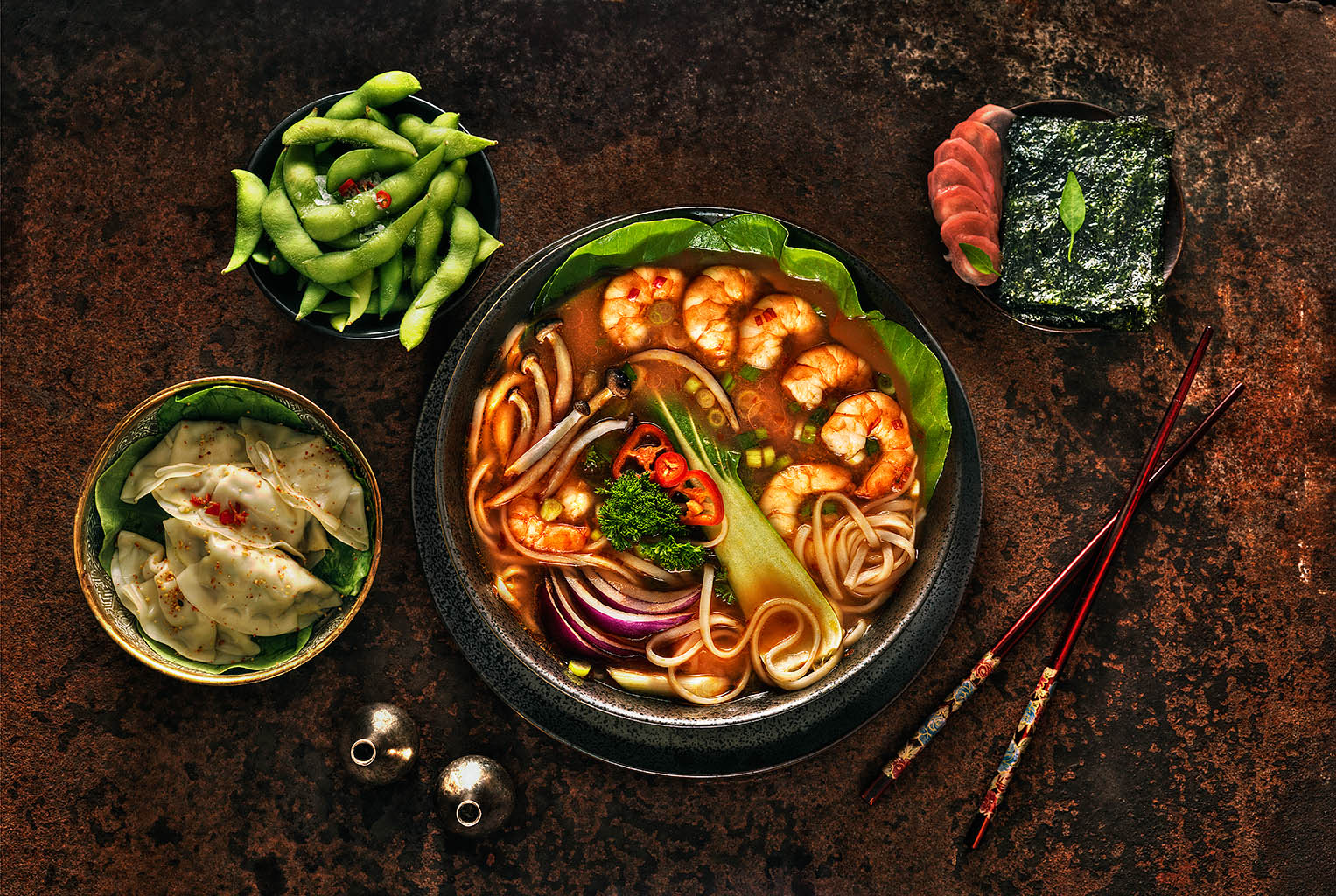 Food Photography of Wagamama prawn chilli ramen soup by Packshot Factory