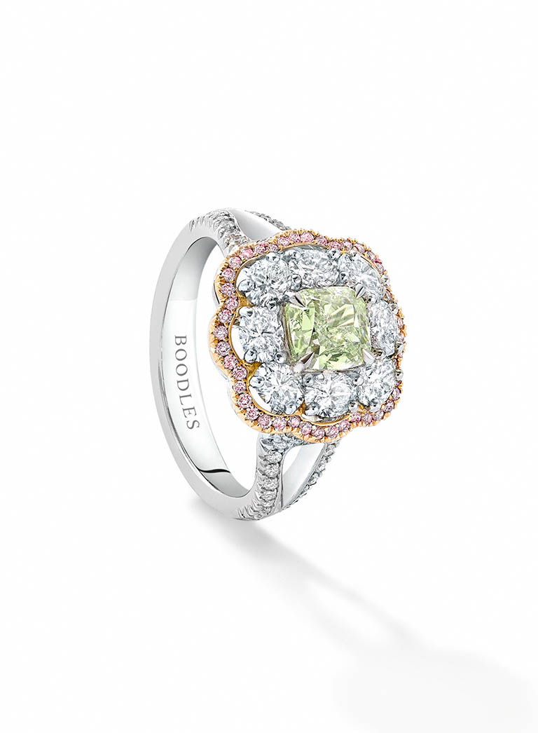 Jewellery Photography of Boodles platinum ring with diamonds and sapphire by Packshot Factory