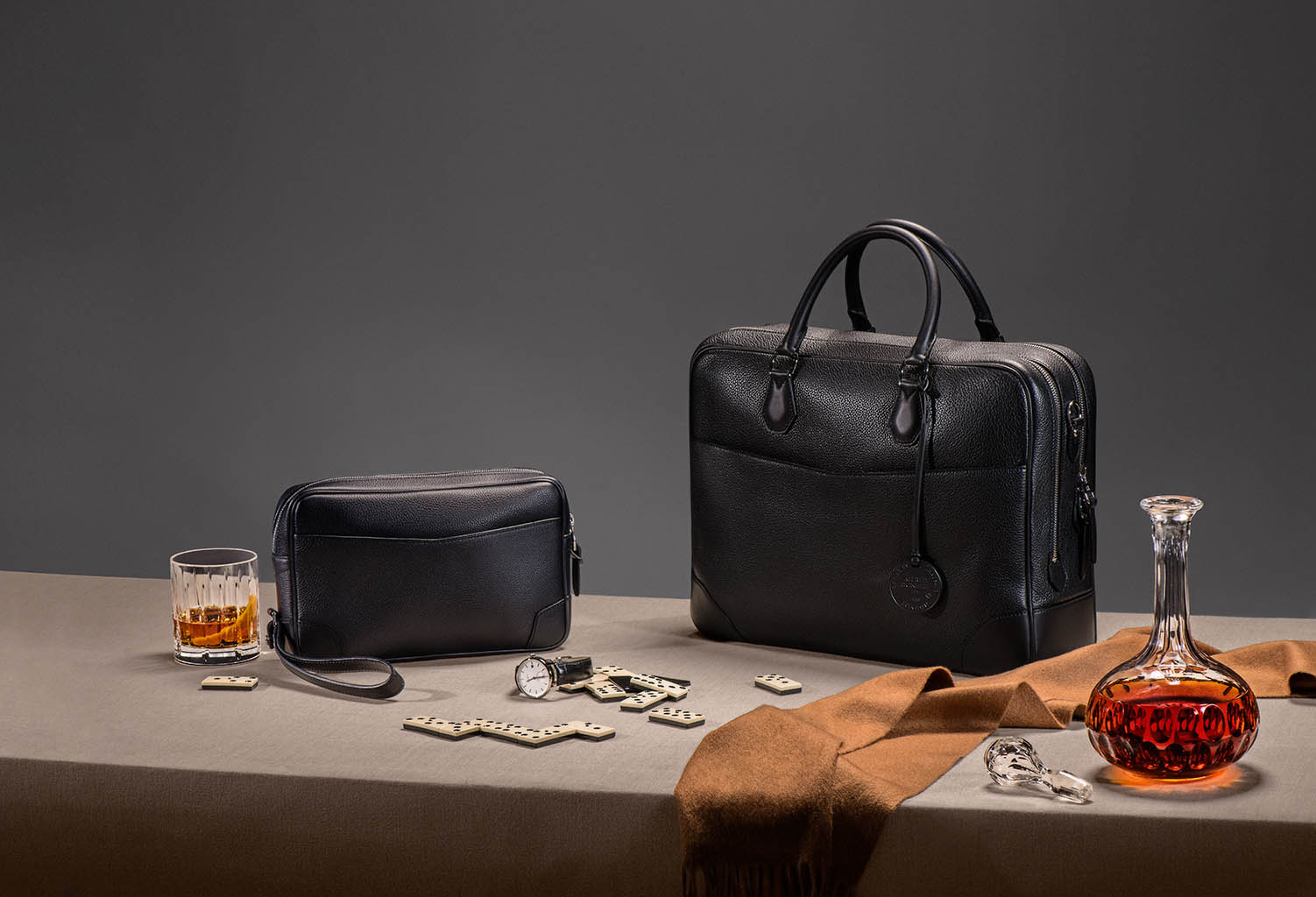 Packshot Factory - Leather goods - Alfred Dunhill leather briefcase and pouch
