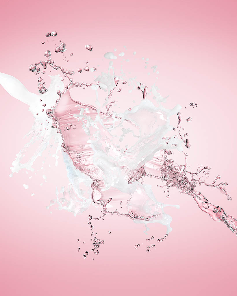 Liquid / Smoke Photography of Dove shower cream water splash by Packshot Factory