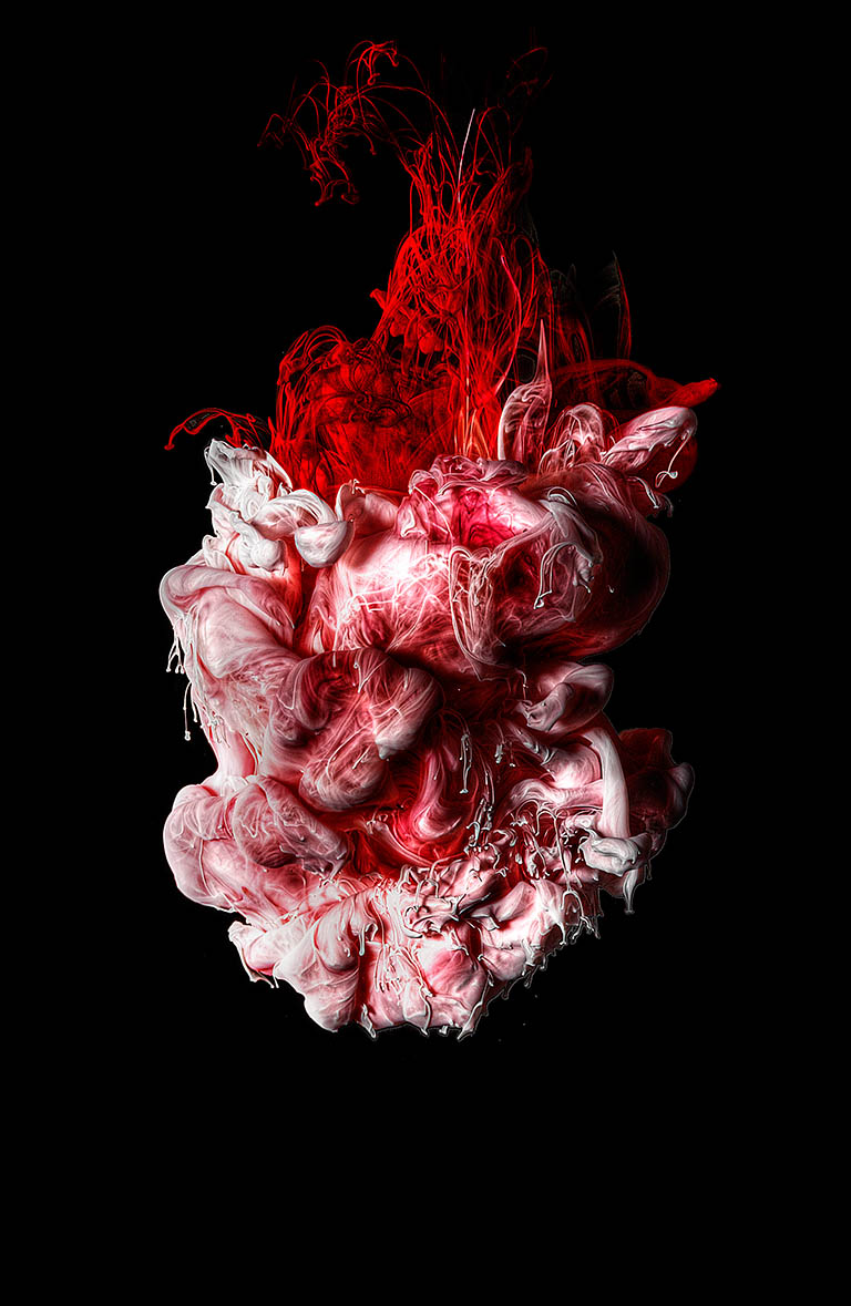 Liquid / Smoke Photography of Red and white ink explosion by Packshot Factory