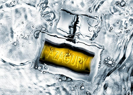 Cosmetics Photography of Azagury perfume bottle in water