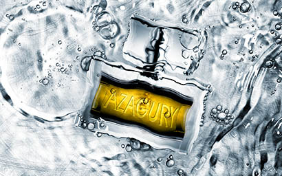 Cosmetics Photography of Azagury perfume bottle in water