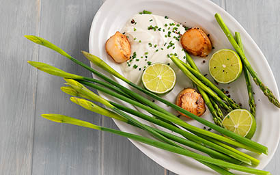 Fruits and vegetables Explorer of Scallops, asparagus and cream