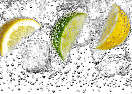 Bubble Explorer of Lemons and lime in water with ice and bubbles