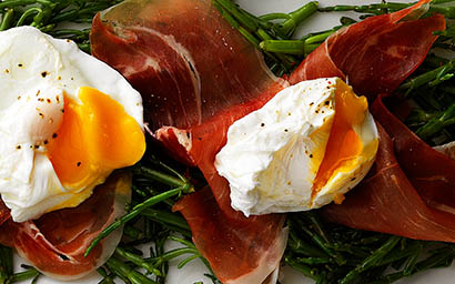 Food Photography of parma ham and poached egg salad