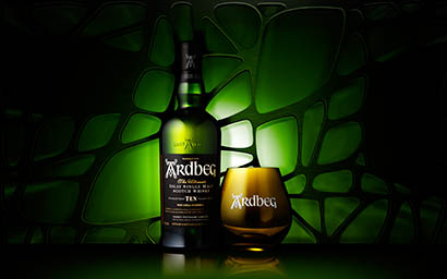 Drinks Photography of Ardbeg whisky bottle and glas