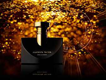 Coloured background Explorer of Bulgari Jasmin Noir perfume bottle