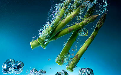 Coloured background Explorer of Asparagus in water with bubbles