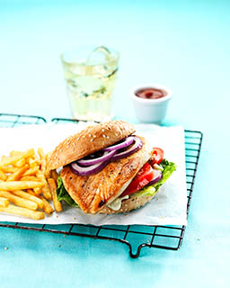 Coloured background Explorer of Burger with chips