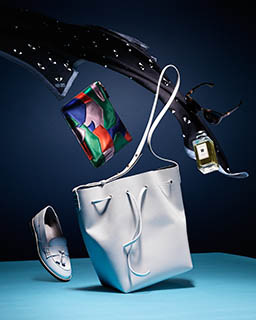 Footwear Explorer of Handbag, Prada purse, LK Bennett loafers, Kenzo scarf, Jo Malone fragrance bottle, DG sunglasses.