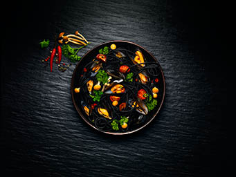 Food Photography of Squid ink spaghetti