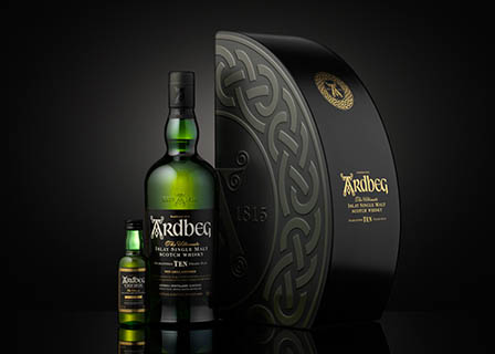 Drinks Photography of Ardbeg whisky bottle and box