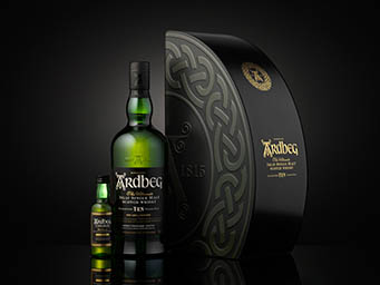 Black background Explorer of Ardbeg whisky bottle and box