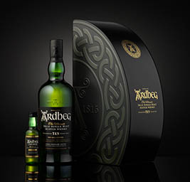 Black background Explorer of Ardbeg whisky bottle and box