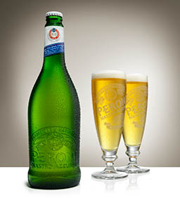 Glass Explorer of Peroni lager bottle and serve