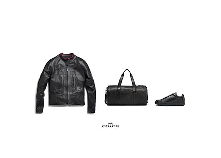 Fashion Photography of Coach men's leather jacket trainers and travel bag